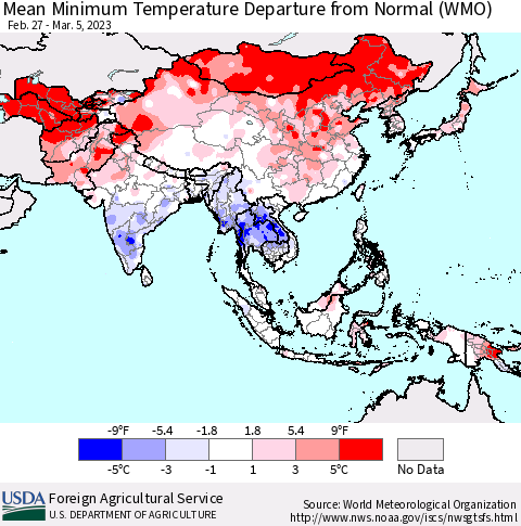 Asia Mean Minimum Temperature Departure from Normal (WMO) Thematic Map For 2/27/2023 - 3/5/2023