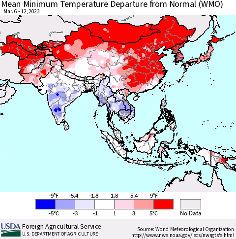 Asia Mean Minimum Temperature Departure from Normal (WMO) Thematic Map For 3/6/2023 - 3/12/2023
