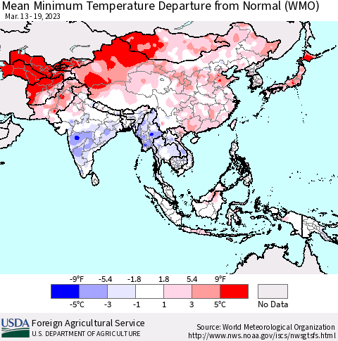 Asia Mean Minimum Temperature Departure from Normal (WMO) Thematic Map For 3/13/2023 - 3/19/2023