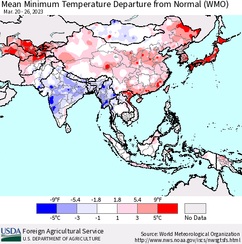 Asia Mean Minimum Temperature Departure from Normal (WMO) Thematic Map For 3/20/2023 - 3/26/2023