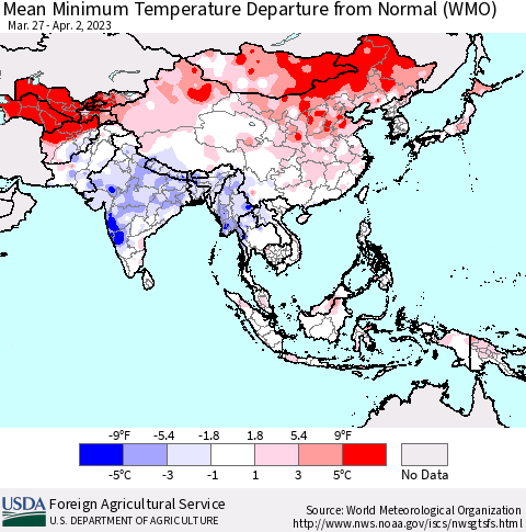 Asia Mean Minimum Temperature Departure from Normal (WMO) Thematic Map For 3/27/2023 - 4/2/2023