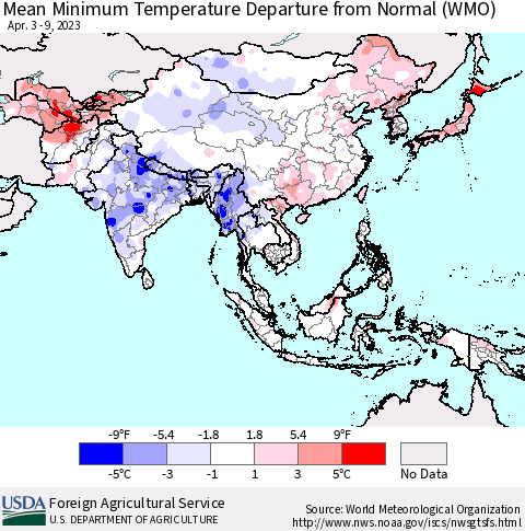 Asia Mean Minimum Temperature Departure from Normal (WMO) Thematic Map For 4/3/2023 - 4/9/2023
