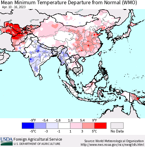 Asia Mean Minimum Temperature Departure from Normal (WMO) Thematic Map For 4/10/2023 - 4/16/2023