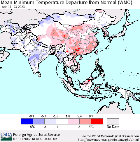 Asia Mean Minimum Temperature Departure from Normal (WMO) Thematic Map For 4/17/2023 - 4/23/2023