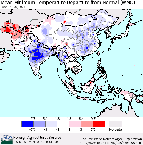 Asia Mean Minimum Temperature Departure from Normal (WMO) Thematic Map For 4/24/2023 - 4/30/2023