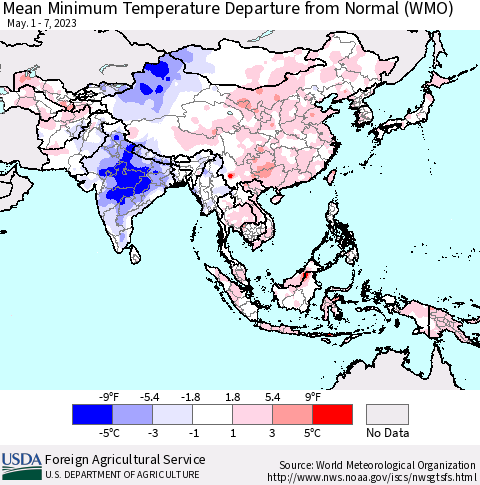 Asia Mean Minimum Temperature Departure from Normal (WMO) Thematic Map For 5/1/2023 - 5/7/2023