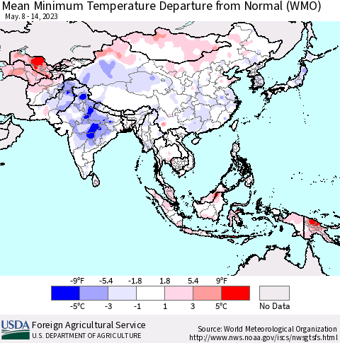 Asia Mean Minimum Temperature Departure from Normal (WMO) Thematic Map For 5/8/2023 - 5/14/2023