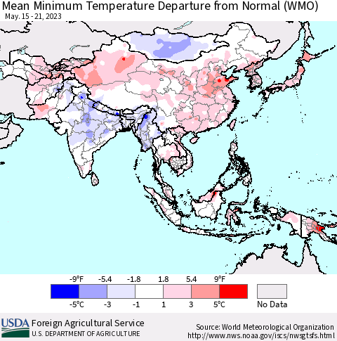 Asia Mean Minimum Temperature Departure from Normal (WMO) Thematic Map For 5/15/2023 - 5/21/2023