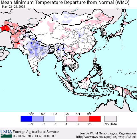 Asia Mean Minimum Temperature Departure from Normal (WMO) Thematic Map For 5/22/2023 - 5/28/2023
