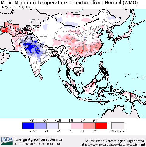 Asia Mean Minimum Temperature Departure from Normal (WMO) Thematic Map For 5/29/2023 - 6/4/2023