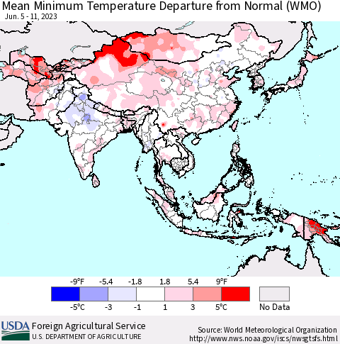 Asia Mean Minimum Temperature Departure from Normal (WMO) Thematic Map For 6/5/2023 - 6/11/2023