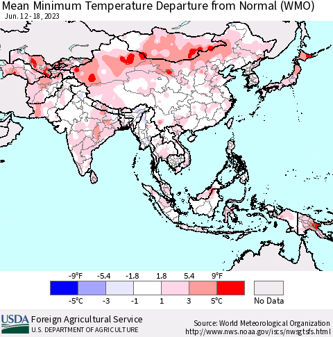 Asia Mean Minimum Temperature Departure from Normal (WMO) Thematic Map For 6/12/2023 - 6/18/2023