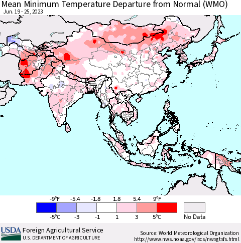 Asia Mean Minimum Temperature Departure from Normal (WMO) Thematic Map For 6/19/2023 - 6/25/2023