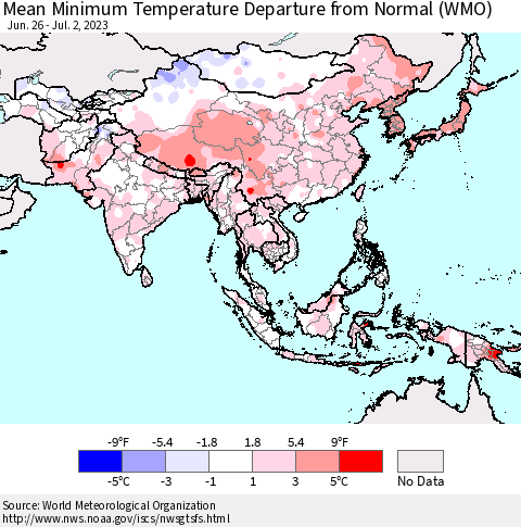 Asia Mean Minimum Temperature Departure from Normal (WMO) Thematic Map For 6/26/2023 - 7/2/2023