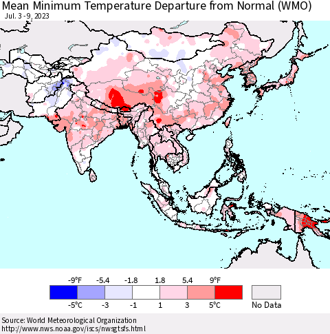 Asia Mean Minimum Temperature Departure from Normal (WMO) Thematic Map For 7/3/2023 - 7/9/2023