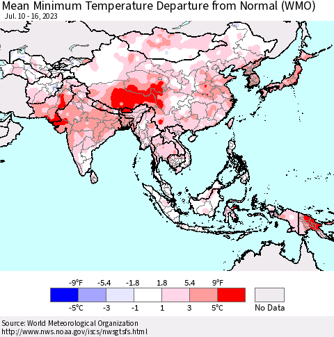 Asia Mean Minimum Temperature Departure from Normal (WMO) Thematic Map For 7/10/2023 - 7/16/2023