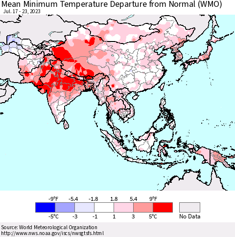 Asia Mean Minimum Temperature Departure from Normal (WMO) Thematic Map For 7/17/2023 - 7/23/2023