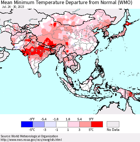 Asia Mean Minimum Temperature Departure from Normal (WMO) Thematic Map For 7/24/2023 - 7/30/2023