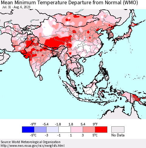 Asia Mean Minimum Temperature Departure from Normal (WMO) Thematic Map For 7/31/2023 - 8/6/2023
