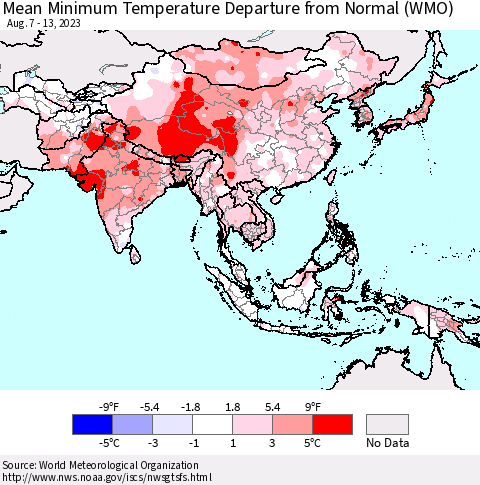 Asia Mean Minimum Temperature Departure from Normal (WMO) Thematic Map For 8/7/2023 - 8/13/2023