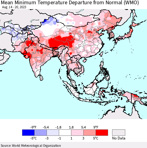 Asia Mean Minimum Temperature Departure from Normal (WMO) Thematic Map For 8/14/2023 - 8/20/2023