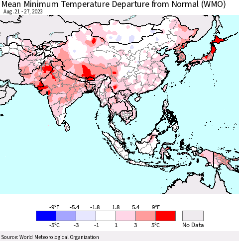Asia Mean Minimum Temperature Departure from Normal (WMO) Thematic Map For 8/21/2023 - 8/27/2023