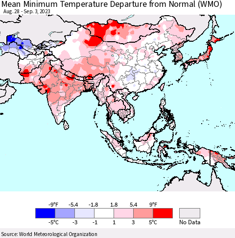 Asia Mean Minimum Temperature Departure from Normal (WMO) Thematic Map For 8/28/2023 - 9/3/2023