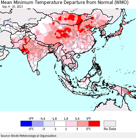 Asia Mean Minimum Temperature Departure from Normal (WMO) Thematic Map For 9/4/2023 - 9/10/2023