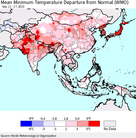 Asia Mean Minimum Temperature Departure from Normal (WMO) Thematic Map For 9/11/2023 - 9/17/2023