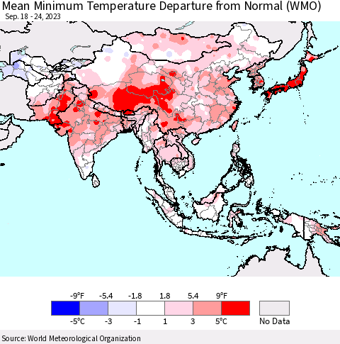 Asia Mean Minimum Temperature Departure from Normal (WMO) Thematic Map For 9/18/2023 - 9/24/2023