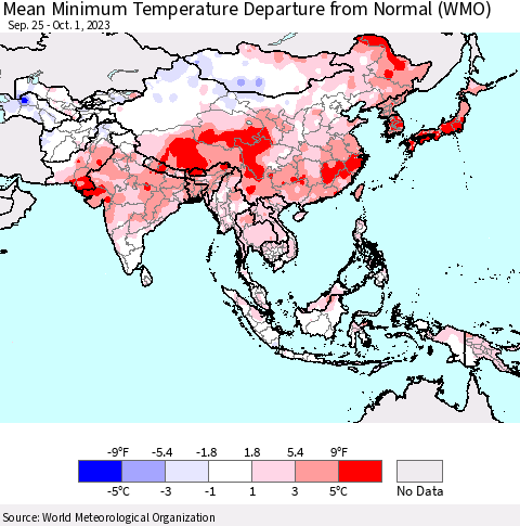 Asia Mean Minimum Temperature Departure from Normal (WMO) Thematic Map For 9/25/2023 - 10/1/2023