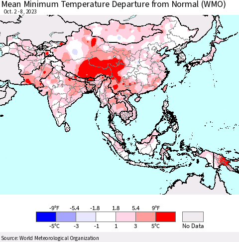 Asia Mean Minimum Temperature Departure from Normal (WMO) Thematic Map For 10/2/2023 - 10/8/2023