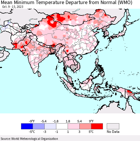 Asia Mean Minimum Temperature Departure from Normal (WMO) Thematic Map For 10/9/2023 - 10/15/2023