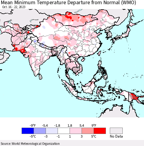 Asia Mean Minimum Temperature Departure from Normal (WMO) Thematic Map For 10/16/2023 - 10/22/2023