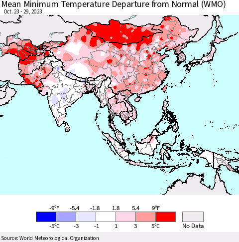 Asia Mean Minimum Temperature Departure from Normal (WMO) Thematic Map For 10/23/2023 - 10/29/2023