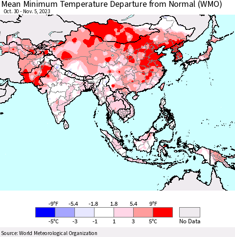 Asia Mean Minimum Temperature Departure from Normal (WMO) Thematic Map For 10/30/2023 - 11/5/2023