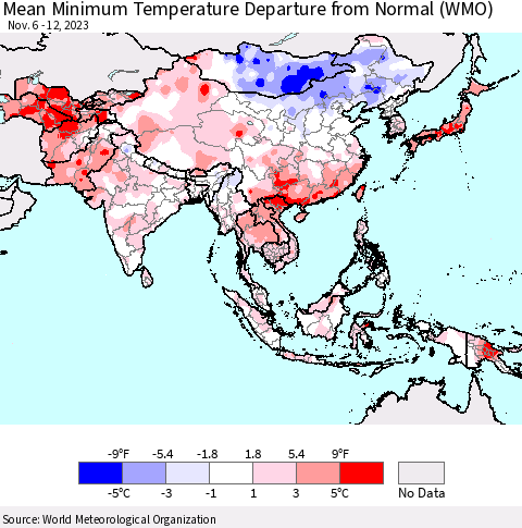 Asia Mean Minimum Temperature Departure from Normal (WMO) Thematic Map For 11/6/2023 - 11/12/2023