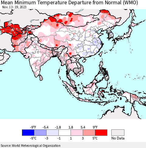 Asia Mean Minimum Temperature Departure from Normal (WMO) Thematic Map For 11/13/2023 - 11/19/2023