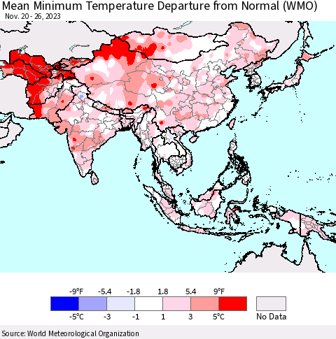 Asia Mean Minimum Temperature Departure from Normal (WMO) Thematic Map For 11/20/2023 - 11/26/2023