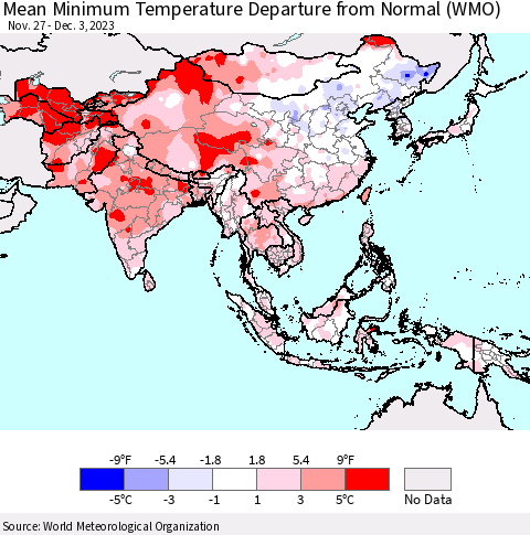 Asia Mean Minimum Temperature Departure from Normal (WMO) Thematic Map For 11/27/2023 - 12/3/2023
