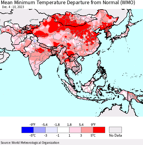 Asia Mean Minimum Temperature Departure from Normal (WMO) Thematic Map For 12/4/2023 - 12/10/2023