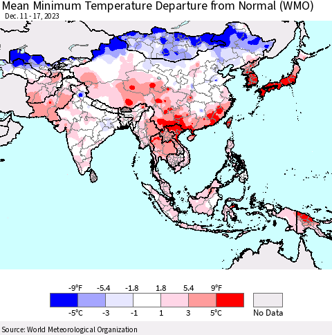 Asia Mean Minimum Temperature Departure from Normal (WMO) Thematic Map For 12/11/2023 - 12/17/2023