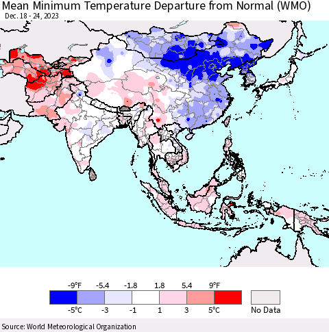 Asia Mean Minimum Temperature Departure from Normal (WMO) Thematic Map For 12/18/2023 - 12/24/2023