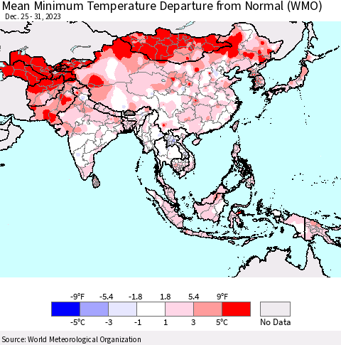 Asia Mean Minimum Temperature Departure from Normal (WMO) Thematic Map For 12/25/2023 - 12/31/2023