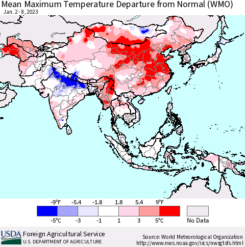 Asia Mean Maximum Temperature Departure from Normal (WMO) Thematic Map For 1/2/2023 - 1/8/2023