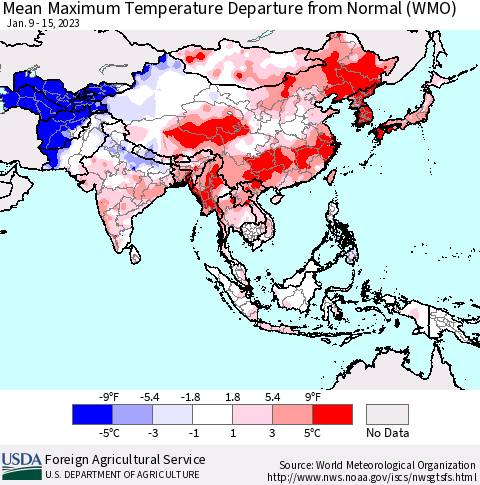 Asia Mean Maximum Temperature Departure from Normal (WMO) Thematic Map For 1/9/2023 - 1/15/2023