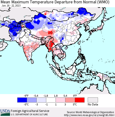 Asia Mean Maximum Temperature Departure from Normal (WMO) Thematic Map For 1/16/2023 - 1/22/2023