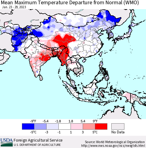 Asia Mean Maximum Temperature Departure from Normal (WMO) Thematic Map For 1/23/2023 - 1/29/2023