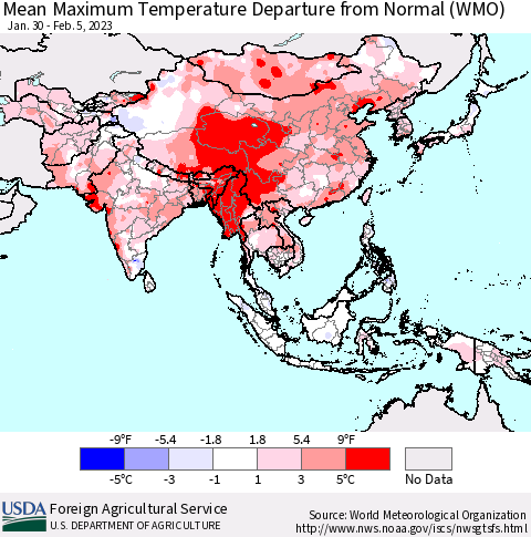 Asia Mean Maximum Temperature Departure from Normal (WMO) Thematic Map For 1/30/2023 - 2/5/2023