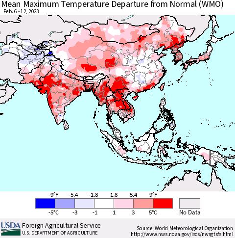 Asia Mean Maximum Temperature Departure from Normal (WMO) Thematic Map For 2/6/2023 - 2/12/2023
